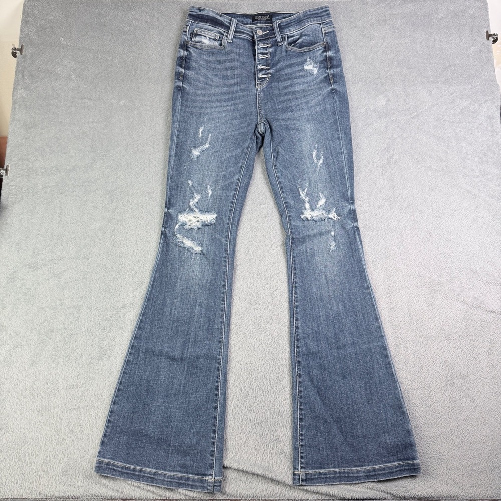 Judy Blue Trouser Flare Distressed Button Fly Jeans Medium Wash JB82430DK 7/28L